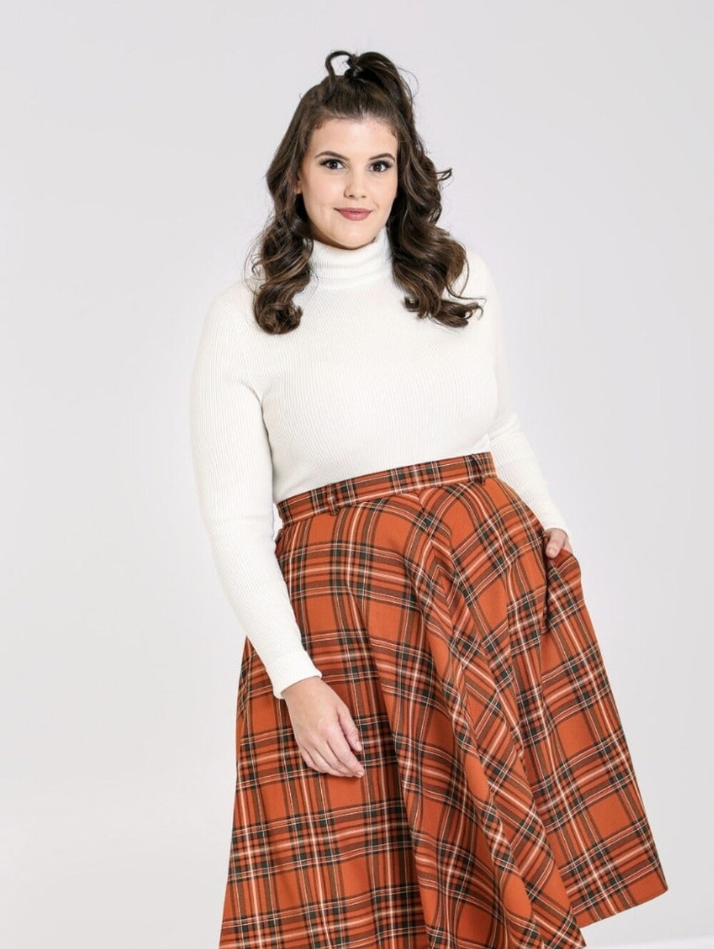 Plus-Size Orange Plaid Circle Skirt by Hell Bunny
